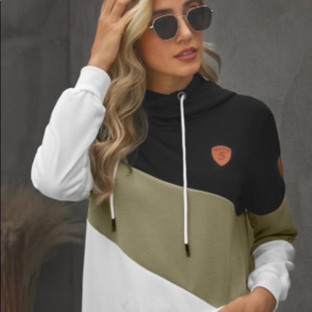 Black Colorblock Cowl Neck Pullover Hoodie